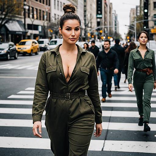 Confident Woman Walking in Olive Green Jumpsuit