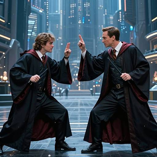 Two young men in black wizard robes with maroon linings duel with martial arts poses in a futuristic city street. (Photograph)