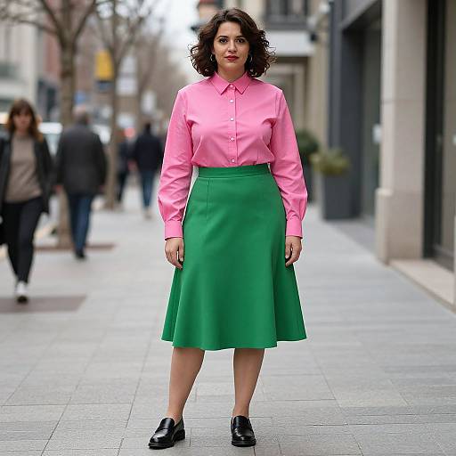 Photograph of a curly-haired woman in a pink blouse and green skirt, standing confidently on an urban sidewalk, with blurred pedestrians in the background.