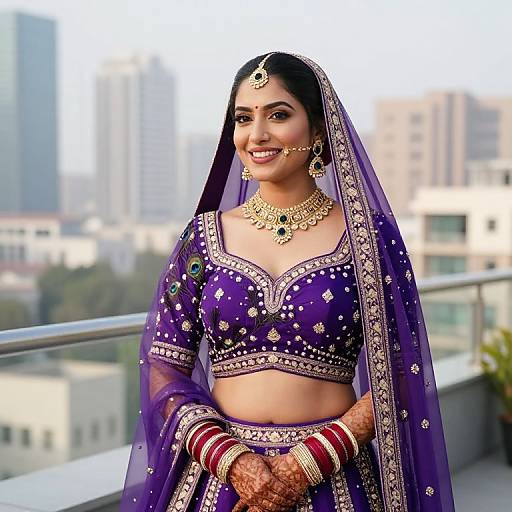 Photograph of a smiling Indian woman in a purple traditional saree and matching top, adorned with gold jewelry, against a cityscape backdrop.