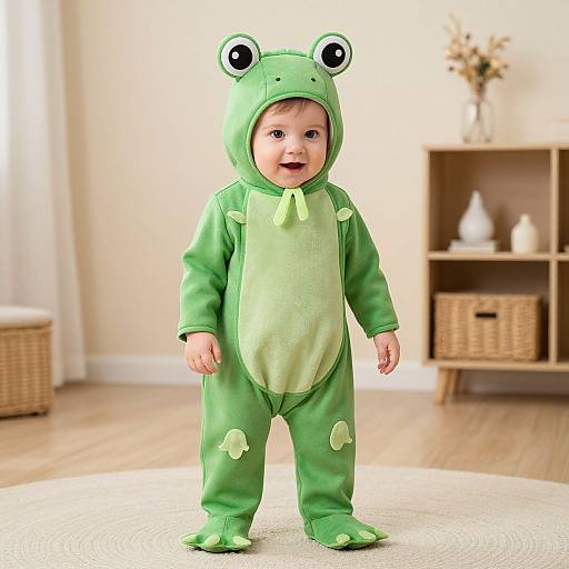 Photograph of a smiling baby in a green frog-themed onesie with frog ears and feet, standing in a bright, modern living room.
