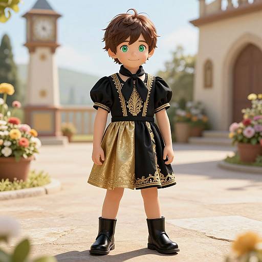 CGI image of a young boy with green eyes, brown hair, wearing a black and gold embroidered dress, black boots, standing in a sunny,