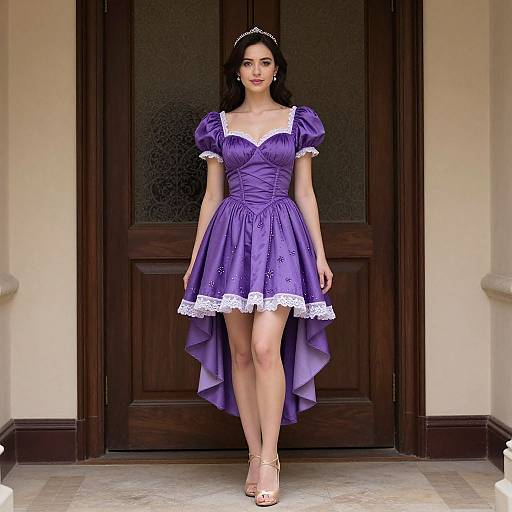 Photograph of a fair-skinned woman with black hair, wearing a purple princess dress with white lace trim, tiara, and beige heels, standing