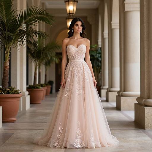 Photograph of a dark-haired woman in a strapless, ivory lace wedding gown with a sweetheart neckline, standing in a colonnaded hallway with p