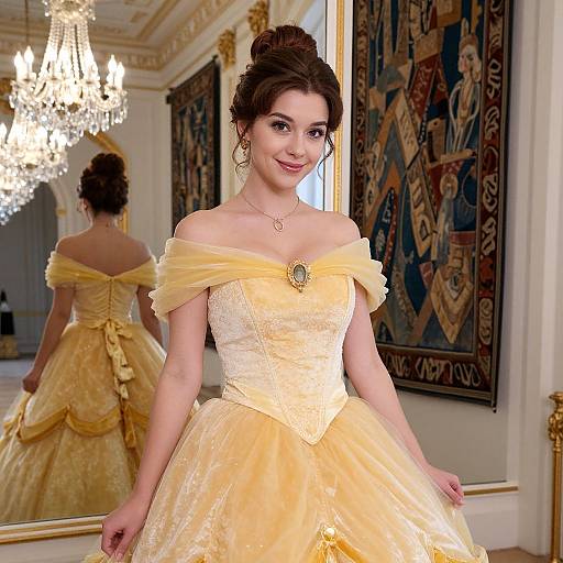 Photograph of a smiling brunette woman in an off-the-shoulder, yellow, lace and tulle ball gown, standing in an ornate,