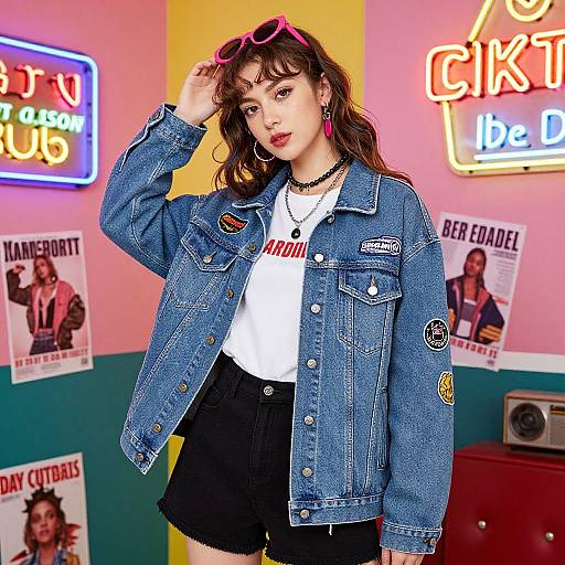 Photograph of a young woman with wavy brown hair, wearing a blue denim jacket, white tee, black shorts, and pink sunglasses on head,