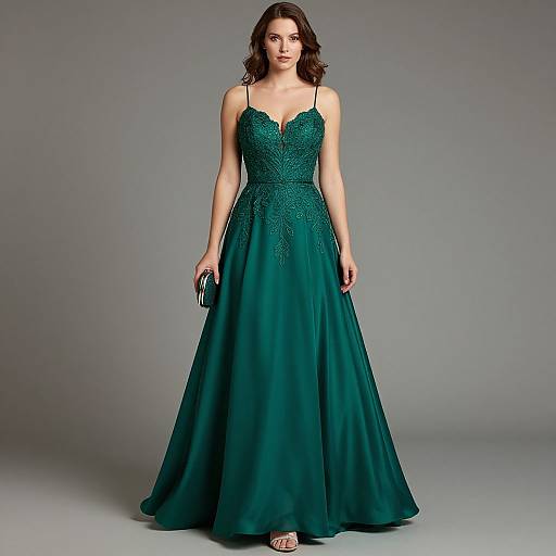Photograph of a brunette woman in a floor-length, emerald green, lace-embellished, strapless gown with a fitted bodice and