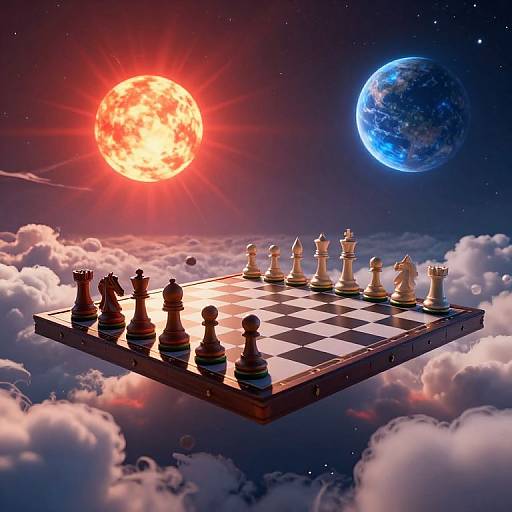 Digital artwork: Floating chessboard with black and white pieces, surrounded by clouds, under a red sun and blue planet in a starry sky.