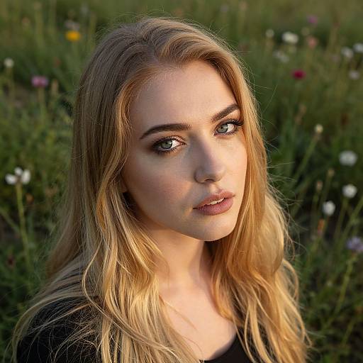 Photograph of a beautiful young blonde woman with blue eyes, wearing a black top, standing in a sunlit field of wildflowers.