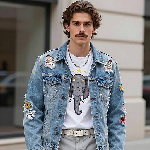 Young Man in Distressed Denim Jacket with Elephant T-shirt