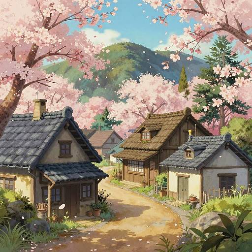 Digital anime-style illustration of a picturesque rural village with cherry blossom trees, traditional wooden houses, and a sunny, winding path.