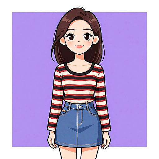 Digital anime-style drawing of a young woman with brown hair, wearing a red and white striped long-sleeve shirt and blue high-waisted skirt