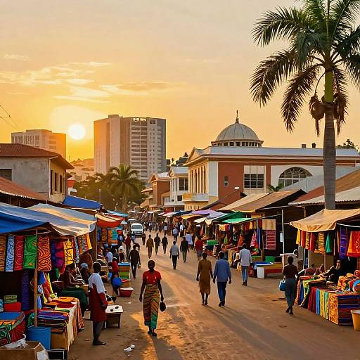 Photograph of vibrant outdoor market at sunset, with colorful textiles, palm trees, diverse crowd, and sunset-lit buildings in background.
