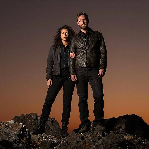 Couple Standing on Rocky Terrain at Sunset