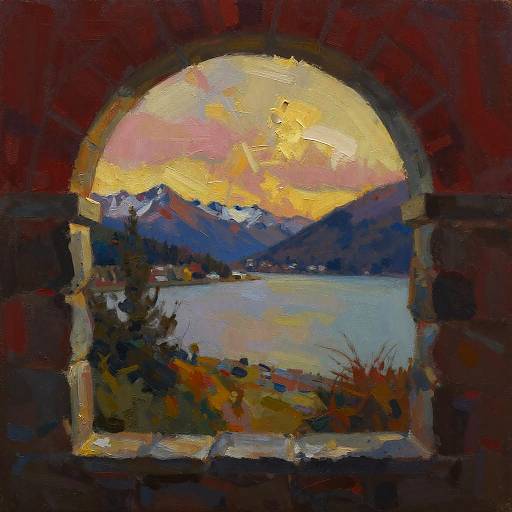 Impressionistic Mountain Lake Through Arch