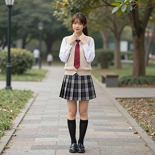 Asian Woman in School Uniform Standing in Park