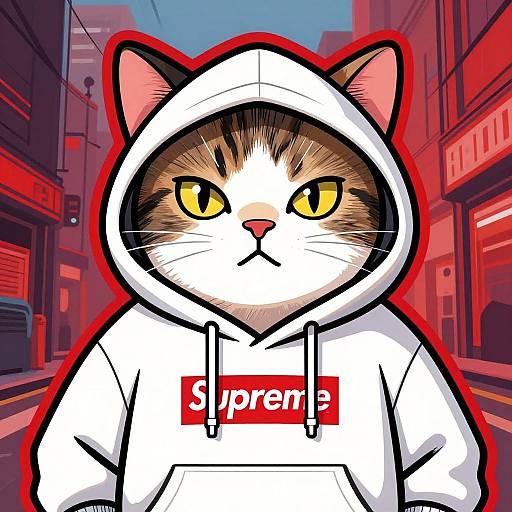 Digital art of a stern-looking cat wearing a white hooded 