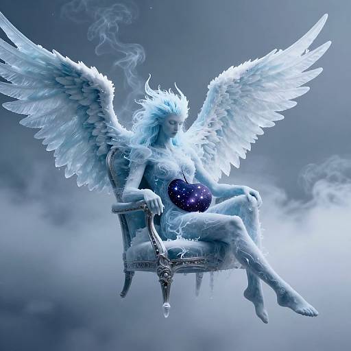 Digital artwork of a ethereal, blue-skinned angel with large white wings, sitting on an ornate chair, holding a dark, starry orb