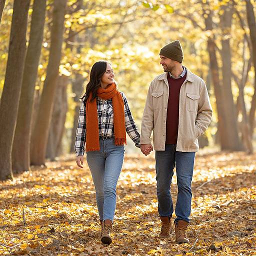 Photograph of smiling couple walking hand-in-hand in autumn forest, wearing plaid shirts, orange scarves, beanie, and boots, surrounded by