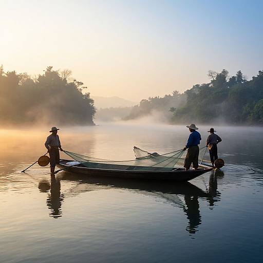 Photograph of three men in hats, standing on a traditional wooden boat with a net, at dawn on a misty river.