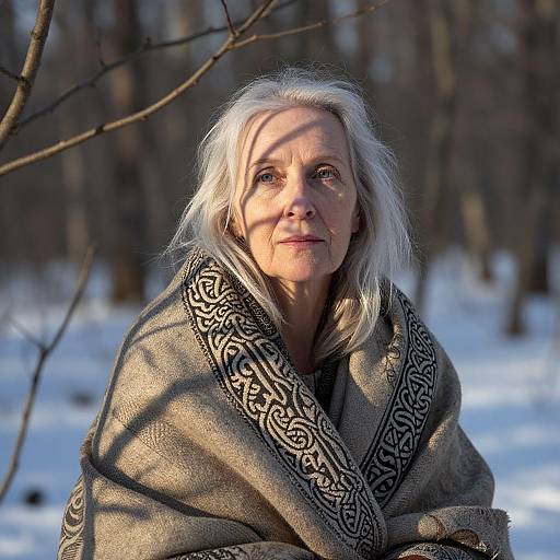 Photograph of an elderly woman with long white hair, wearing a patterned brown shawl, standing in a snowy forest. Sunlight casts shadows on