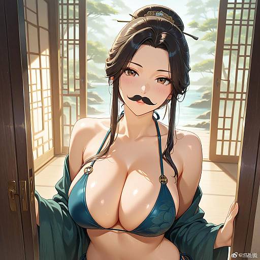 Anime-style digital artwork of a busty woman with black hair, wearing a blue bikini, and a mustache, standing in a sunlit, traditional Japanese