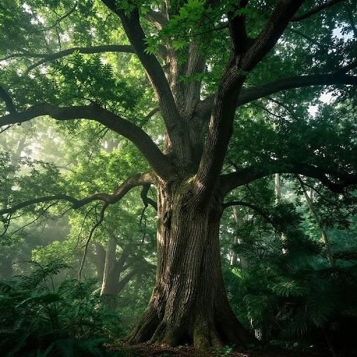 Photograph of a towering, ancient tree with thick, gnarled trunk and expansive, leafy branches in a sunlit, misty forest.