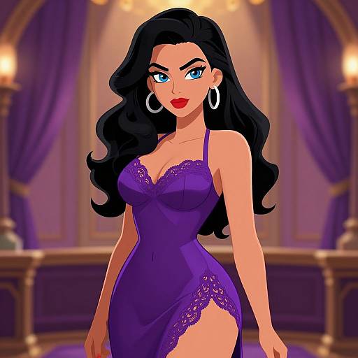 Digital illustration of a sexy woman with long black hair, blue eyes, red lipstick, wearing a purple lace lingerie dress, large hoop earrings, standing confidently