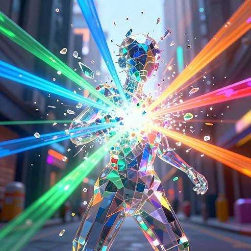 Digitally-rendered, neon-lit, abstract human figure explodes with colorful light beams in a blurred urban street background, creating a vibrant, dynamic scene