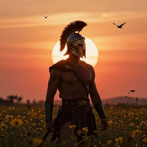 Photograph of a muscular, shirtless gladiator with a metallic helmet and plume, standing in a sunlit field of yellow flowers, with two
