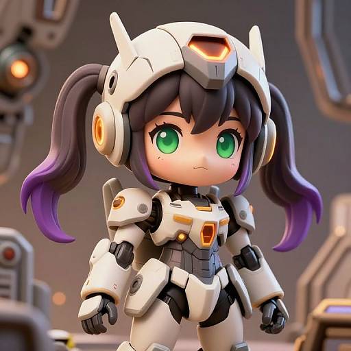 Chibi-style digital artwork of a cute, anime girl with green eyes, black hair with purple tips, in white and black mecha armor, standing