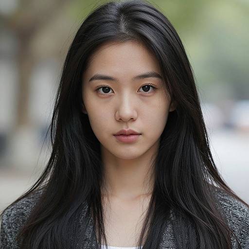 Photograph of an Asian woman with long, straight black hair, fair skin, and neutral expression, wearing a gray textured top, blurred green and white