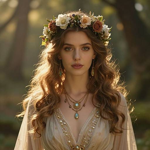 Photograph of a fair-skinned woman with long, wavy brown hair, wearing a flower crown, gold necklace, and sheer, beaded dress