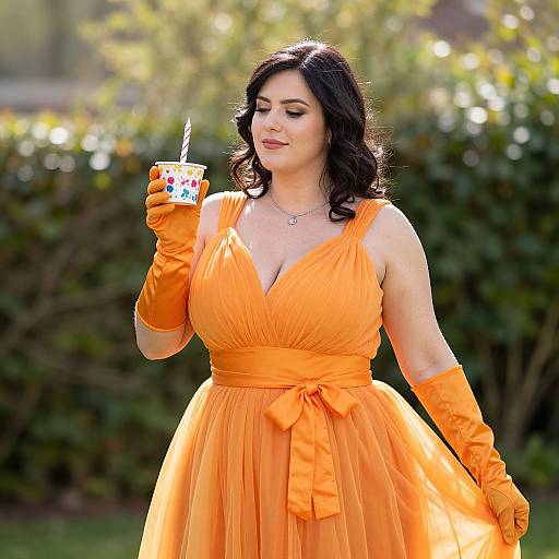 Photograph of a fair-skinned woman with dark curly hair, wearing an orange dress and matching gloves, holding a cup with a straw, standing outdoors