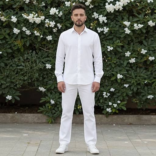 Photograph of a bearded man with short dark hair, wearing an all-white long-sleeve shirt and pants, standing in front of a lush