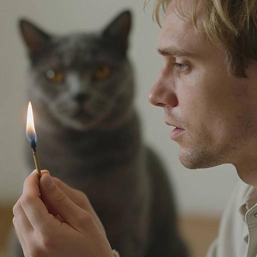 Man Holding Small Flame with Cat in Background