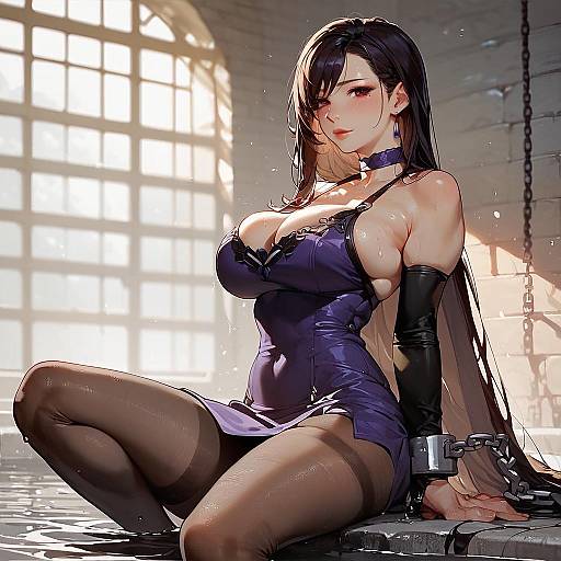 Anime Style Woman in Purple Dress in Dungeon