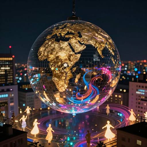 Photograph of a glowing, illuminated globe with neon lights and dancing silhouettes on a rooftop at night, surrounded by city lights.