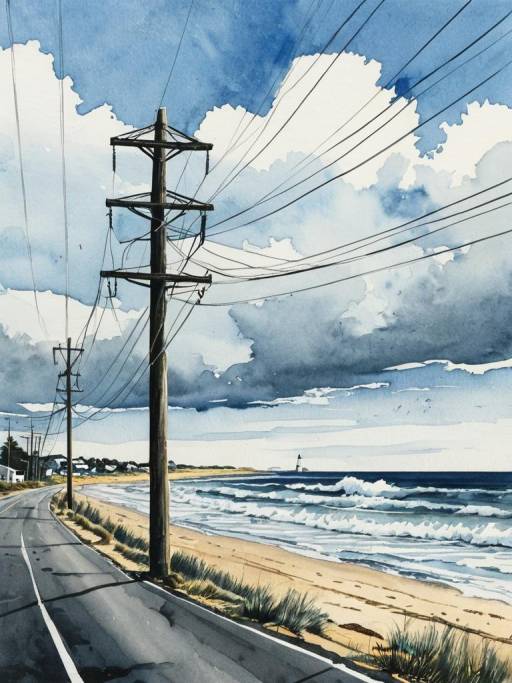 Coastal Road with Utility Poles and Lighthouse Watercolor