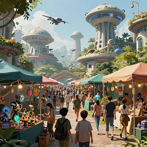Vibrant sci-fi market scene with futuristic city towers, colorful stalls, diverse crowd, drones, and bright blue sky in digital art style.