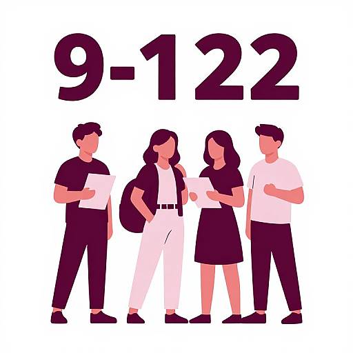 Digital illustration of four faceless, stylized people in black and white clothing, standing together, below large purple 