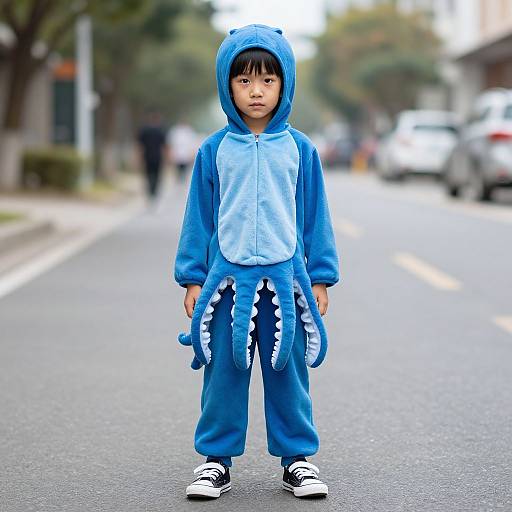 Photograph of an Asian boy wearing a blue shark costume with hood, standing on a suburban street, blurred background.