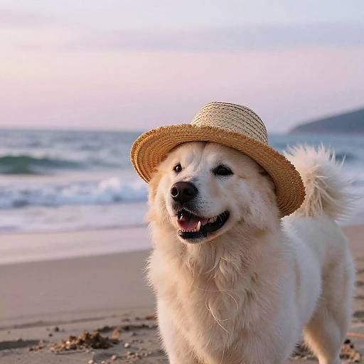 White Dog Wearing Straw Hat on Beach at Sunset