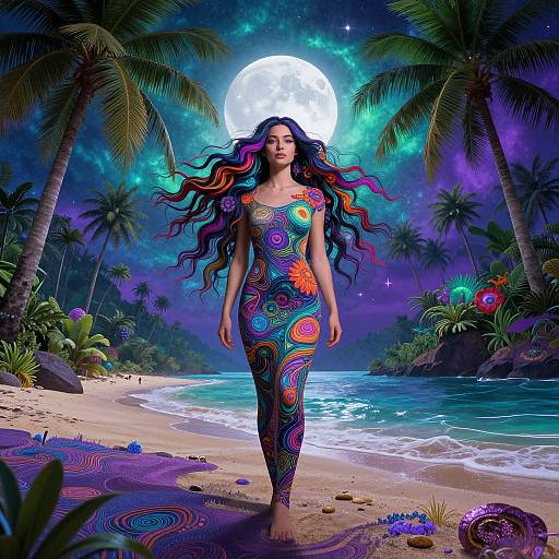 Digital artwork of a woman with long, wavy, multi-colored hair in a psychedelic dress, walking on a tropical beach under a full moon and star