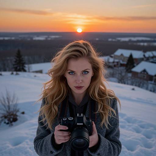 Photograph of a blonde woman with wavy hair, wearing a gray coat, holding a Canon camera, standing in snowy landscape at sunset, with sun