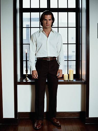 Photograph of a man with dark hair, white button-up shirt, black pants, brown belt, and brown shoes, standing in front of a window
