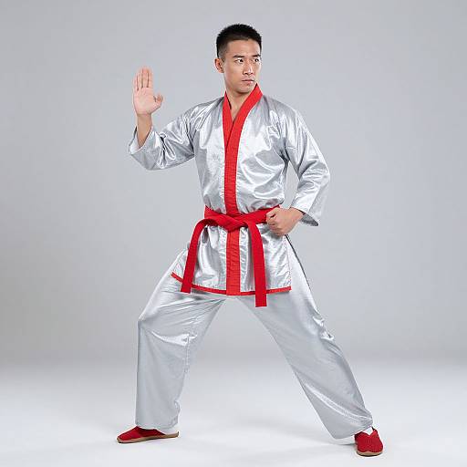 Photograph of an Asian man in a silver martial arts uniform with red belt and red shoes, striking a karate stance, raising his right hand.