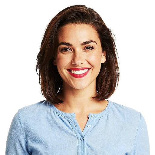 Photograph of a smiling woman with medium-length dark brown hair, wearing a light blue button-up shirt, against a plain white background.