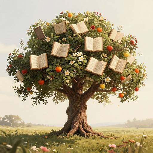 Digital illustration of a tree with a thick trunk, green leaves, orange and white flowers, and open books hanging from branches. Background: bright sunlight,