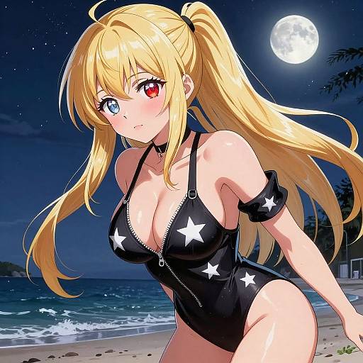 Anime-style digital illustration of a blonde girl with heterochromatic eyes (red and blue), wearing a black star-patterned swimsuit, under a full
